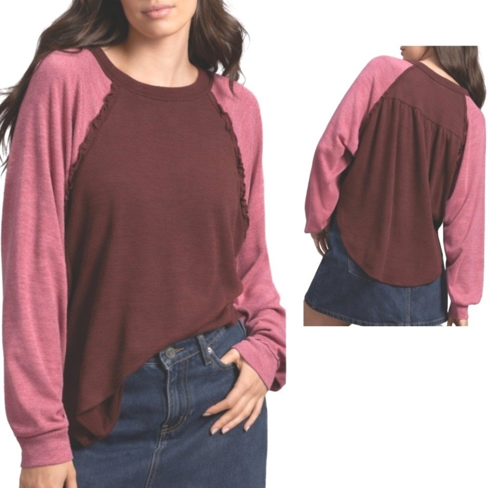 Pilcro Anthropologie Womens Medium Burgundy Pink Raglan Ruffle Slub Top